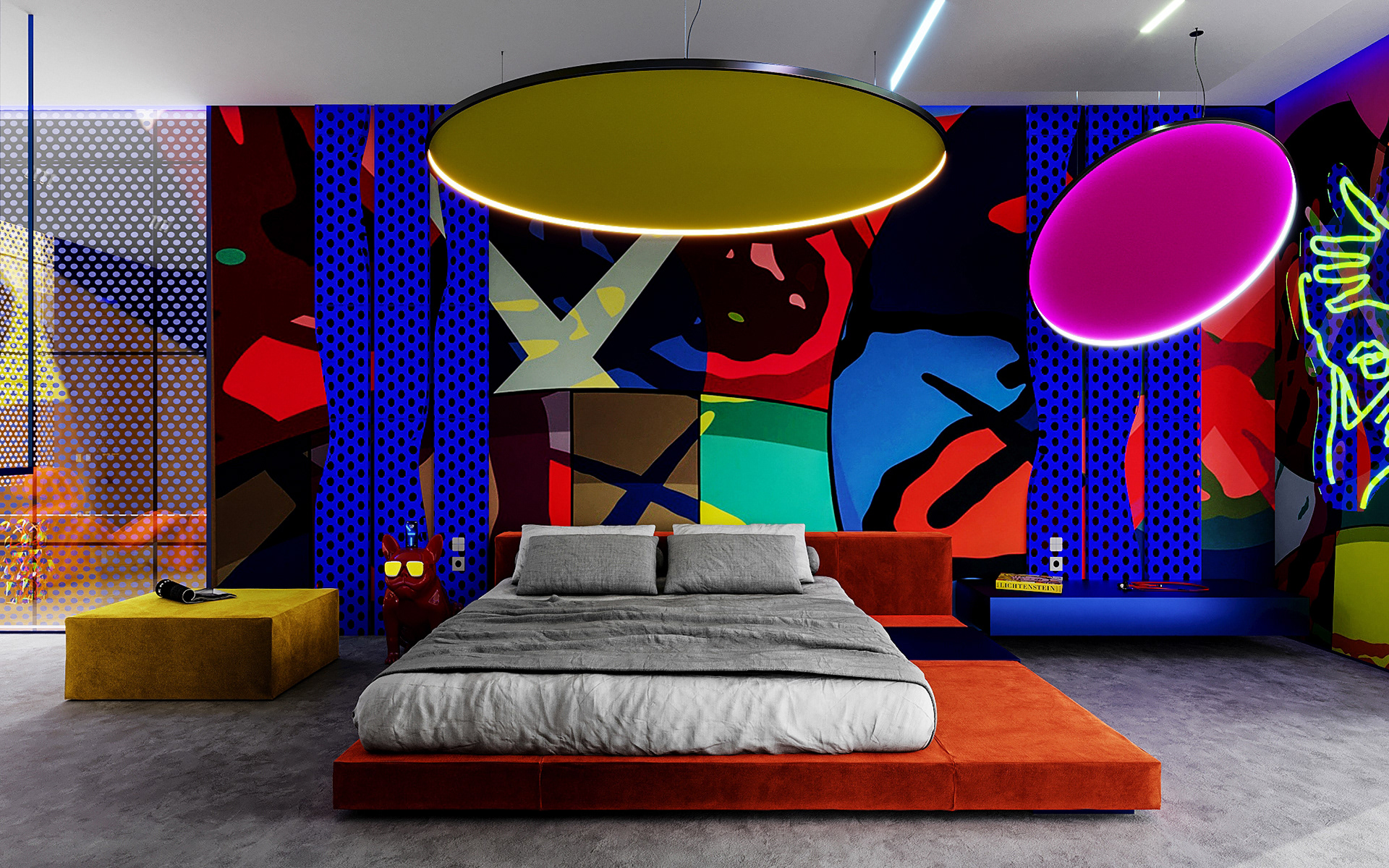Ánh sáng trong phòng ngủ phong cách Pop Art sử dụng ánh sáng theo nguyên tắc ngẫu hứng và chuyển đổi đa dạng | Nguồn: Internet.