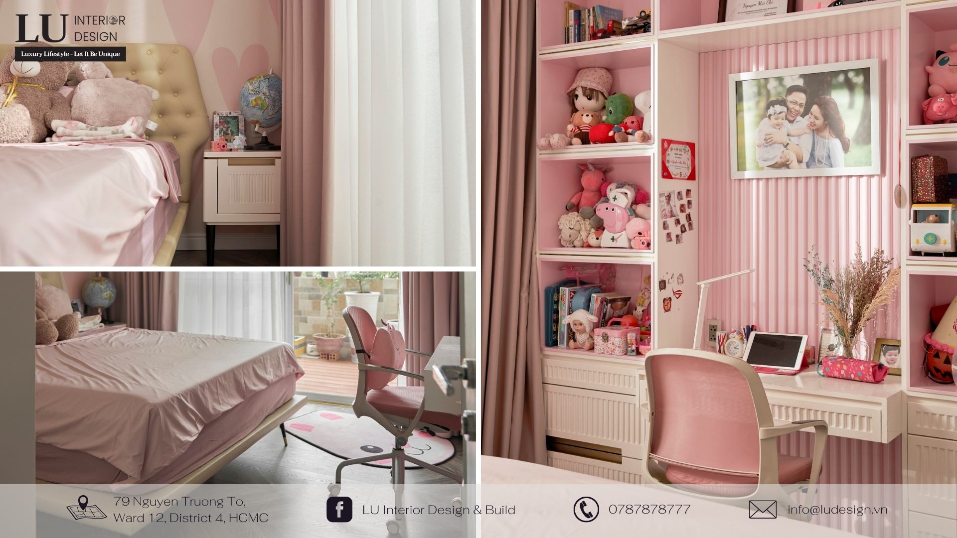 Tràn ngập sắc hồng trong không gian phòng ngủ vui tươi của bé gái | Nguồn ảnh: Dự án căn hộ Hà Huy Tập Quận 7 - LU Design.