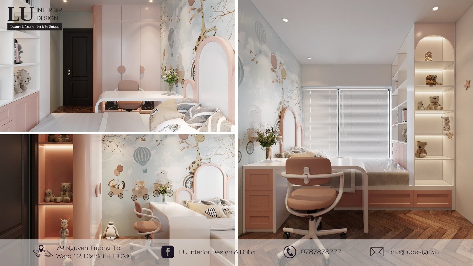 Phòng ngủ bé gái nhẹ nhàng cùng sắc hồng, bố trí nội thất hợp lý tạo được sự thoải mái cho bé | Nguồn ảnh: Dự án căn hộ Feliz En Vista – LU Design.
