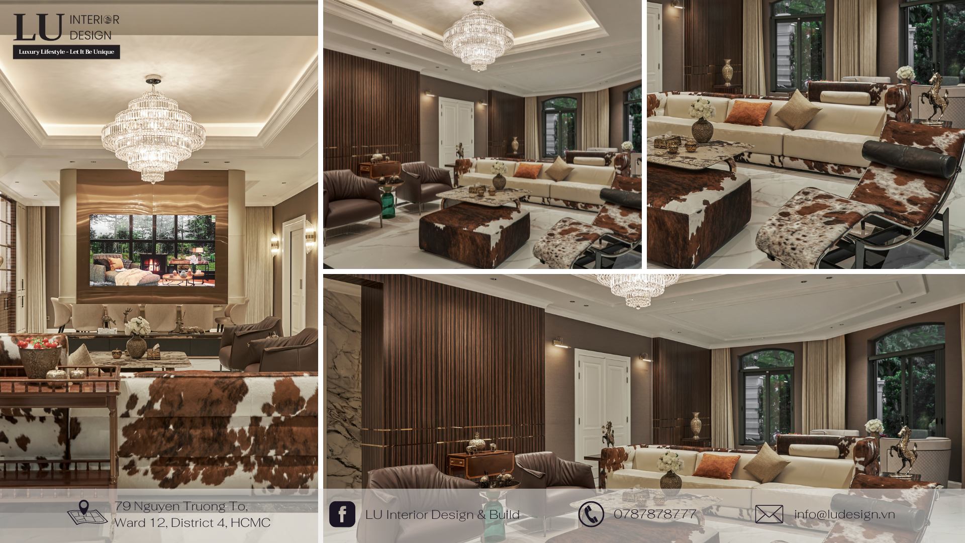 Nội thất phòng khách Modern Classic được hoàn thiện từ những vật liệu cao cấp mang lại sự xa hoa và lộng lẫy | Nguồn: Biệt thự Victoria - LU Design. 