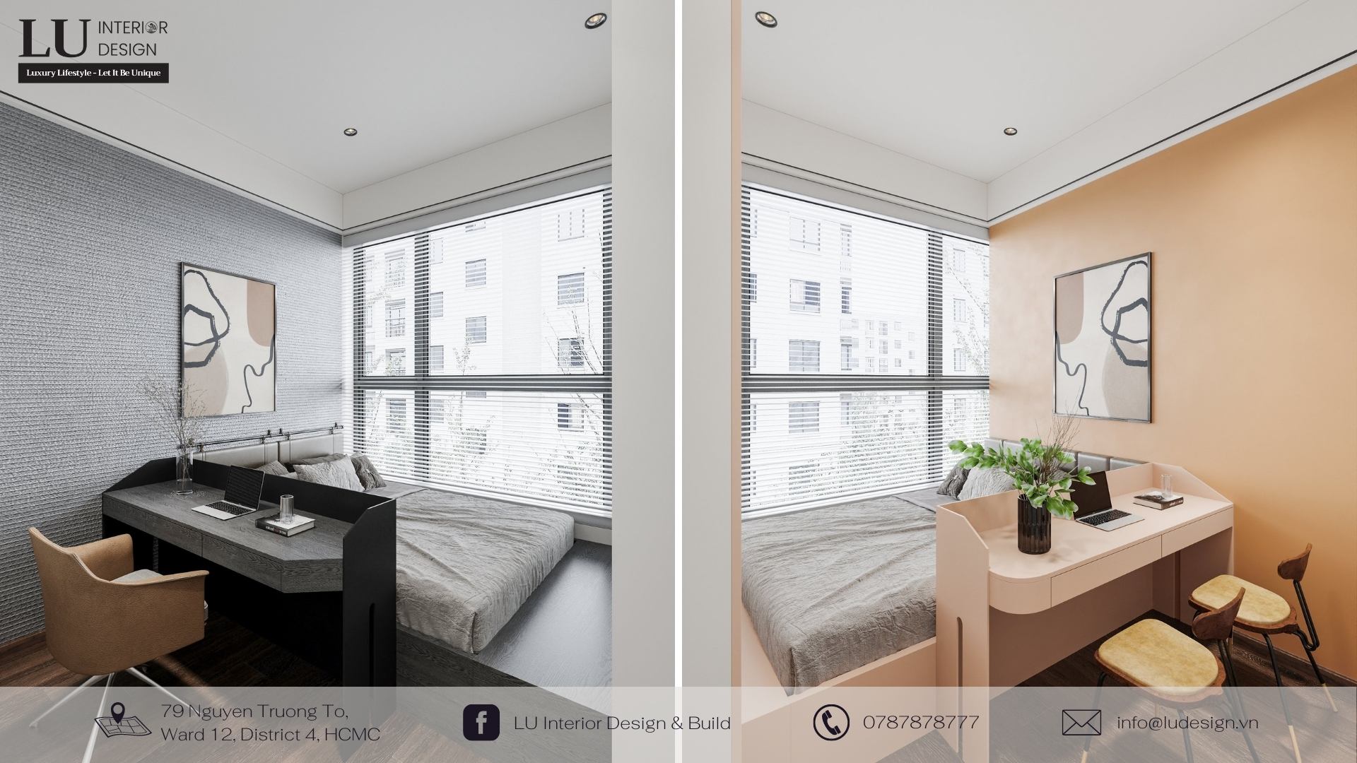 Sử dụng tranh treo tường trong thiết kế thi công nội thất căn hộ chung cư để tạo chiều sâu cho không gian phòng ngủ | Dự án căn hộ Mar Q - LU Design.