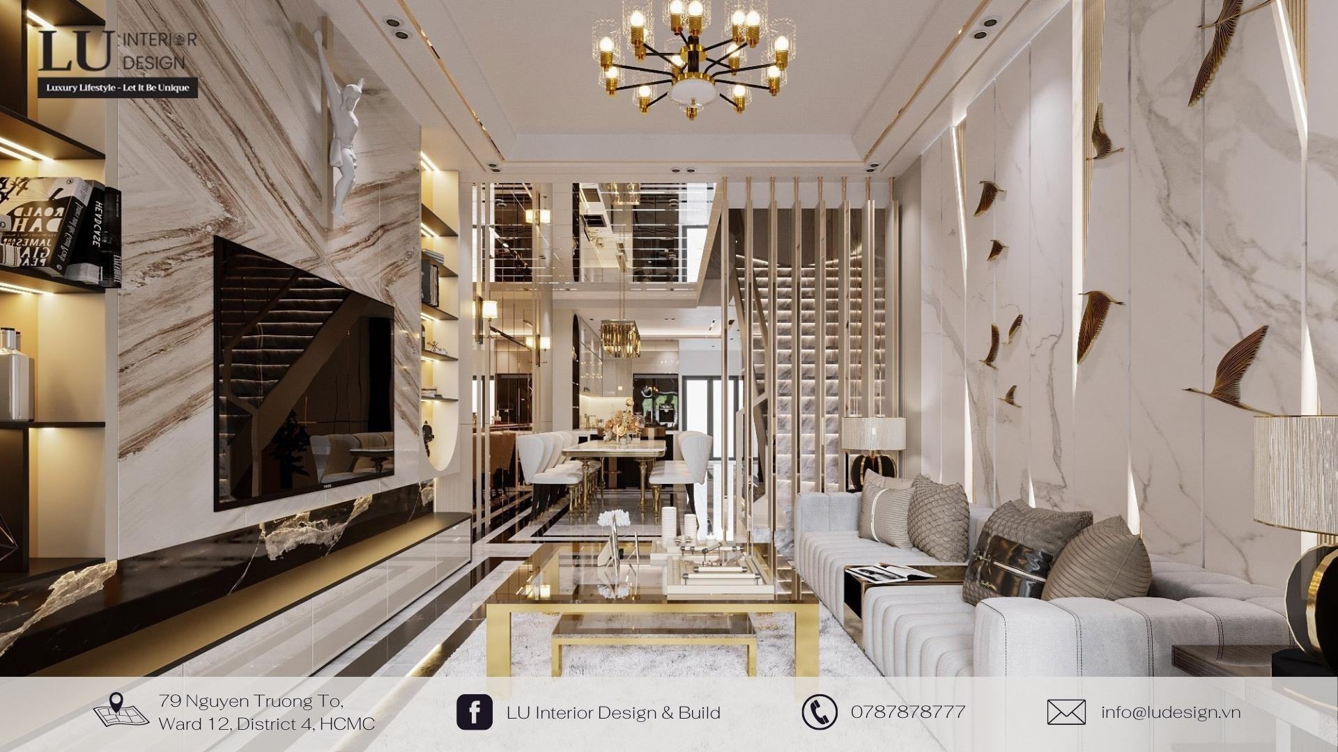 Thiết kế nội thất nhà hợp phong thủy cho người mệnh Kim với màu trắng, vàng, xám | Dự án nhà phố Tân Phú - LU Design thực hiện.