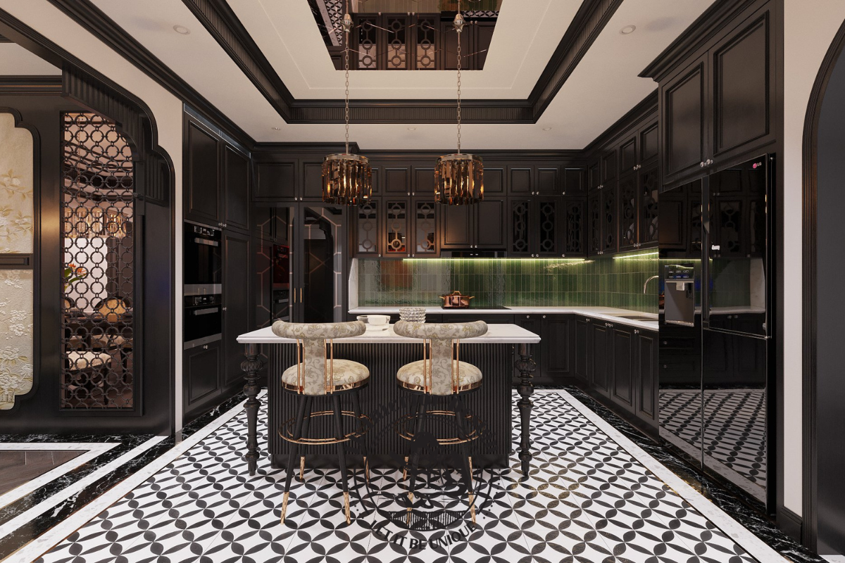 Thiết kế nội thất căn hộ Riverpark Premier phong cách Indochine không gian bếp mở đảo bếp đen bóng LU Design