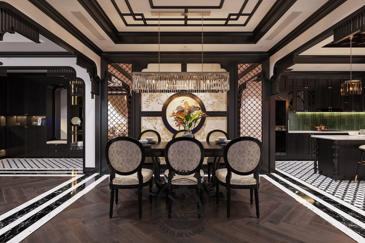 Phòng ăn mở Indochine đèn chùm pha lê dài bàn gỗ đen hệ vòm cong kết nối hài hòa với khu bếp