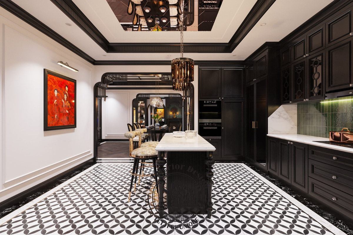 Đảo bếp mở Indochine mặt đá trắng marble đèn thả đồng tranh sơn dầu tạo điểm nhấn sang trọng tiện nghi