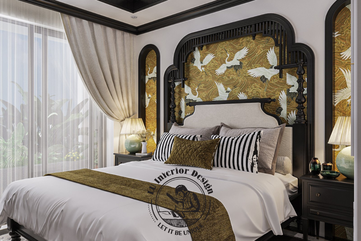 Phòng ngủ master Indochine đầu giường wallpaper chim hạc vàng đen bóng tối ưu chiều sâu và thẩm mỹ
