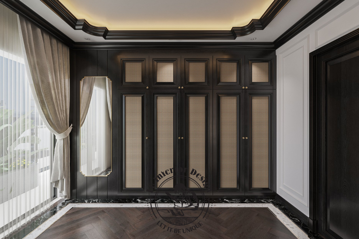 Phòng thay đồ master Indochine hệ tủ rattan đen bóng đèn led gián tiếp tạo không gian sang trọng gọn gàng
