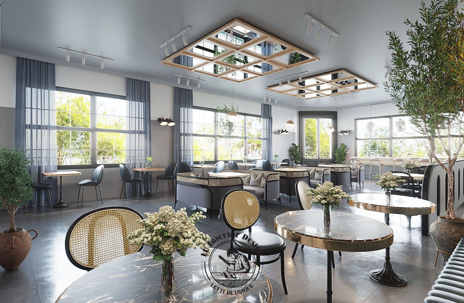 Town House Coffee Shop - Màu ghế trung tính kết hợp bàn tròn tạo cảm giác thư giãn