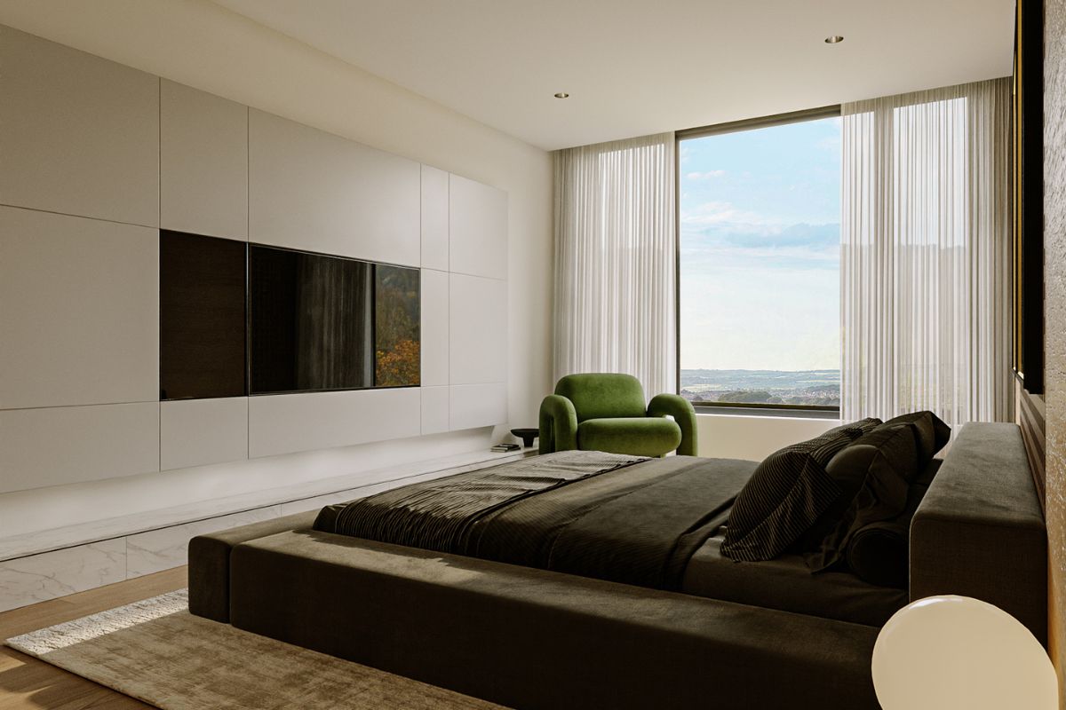 Hệ kệ TV tối giản và góc thư giãn phòng Master Căn hộ Duplex The Infiniti LU Design