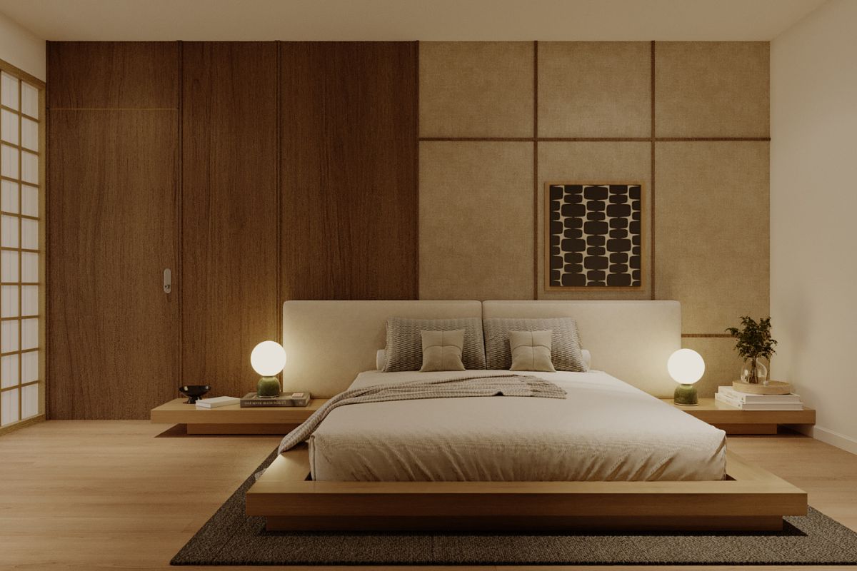 Thiết kế nội thất căn hộ Duplex The Infiniti phòng ngủ Master 2 phong cách Japandi LU Design