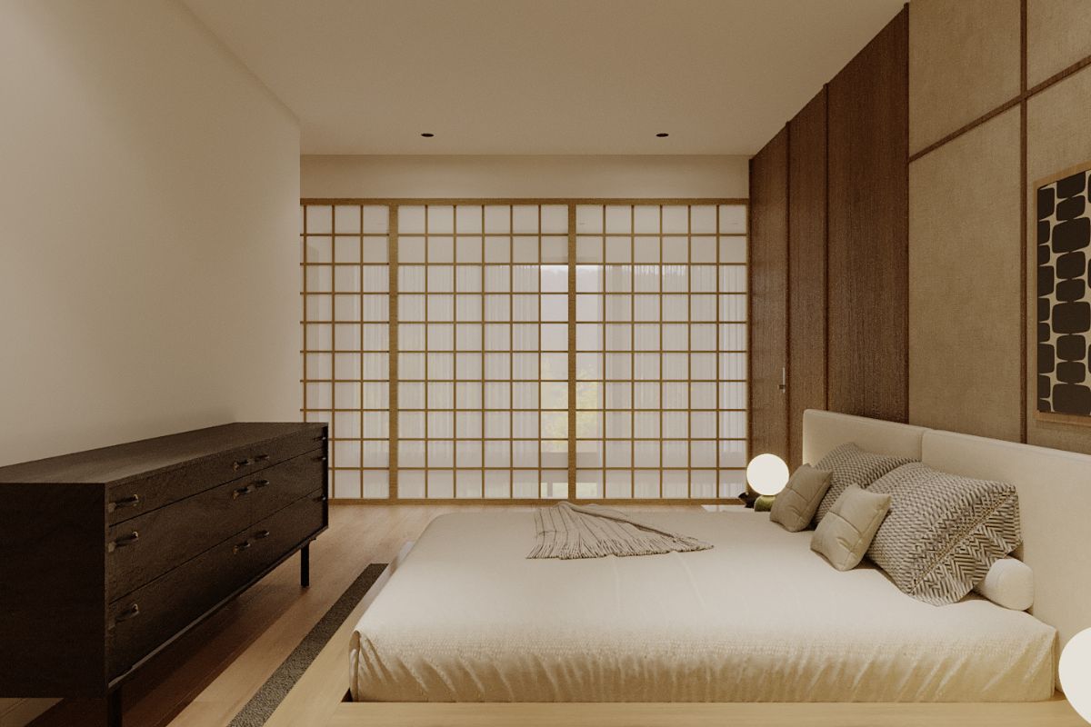 Phòng ngủ Master với cửa lùa Shoji nghệ thuật Căn hộ Duplex The Infiniti LU Design