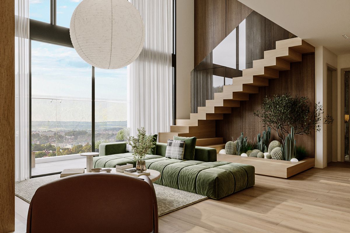 Thiết kế nội thất căn hộ Duplex The Infiniti cầu thang gỗ và tiểu cảnh Wellness LU Design