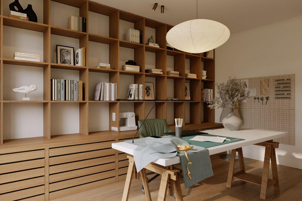 Hệ kệ sách kịch trần và bảng pegboard phòng làm việc LU Design