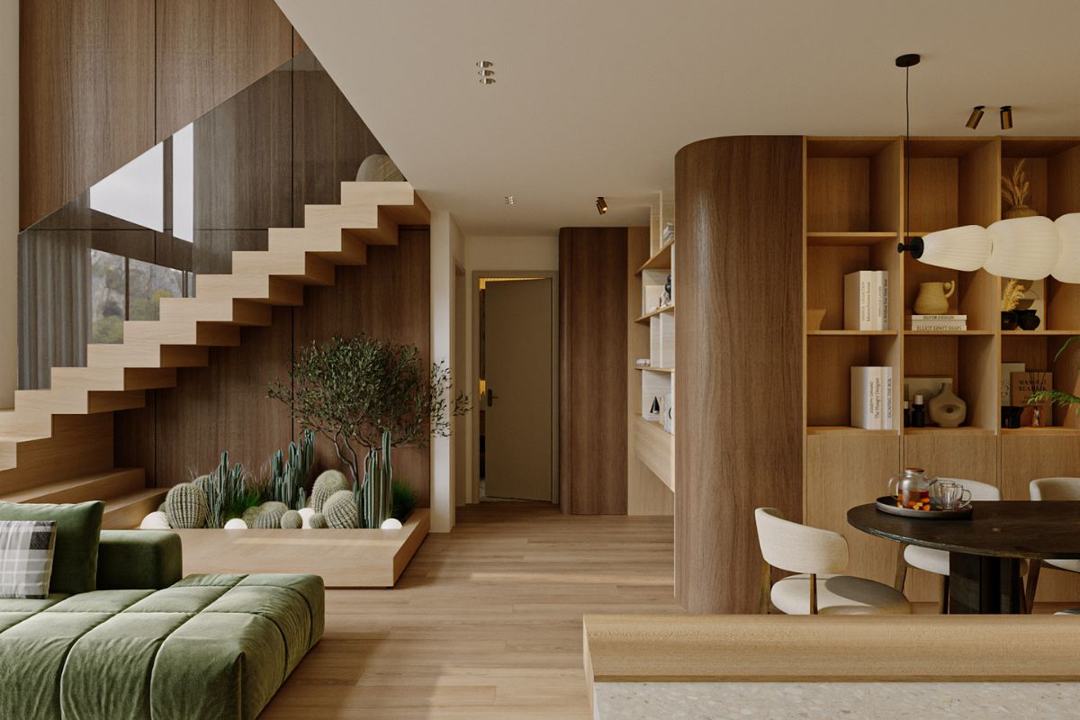 Thiết kế nội thất căn hộ Duplex The Infiniti lối đi hành lang và hệ tủ gỗ bo cong LU Design