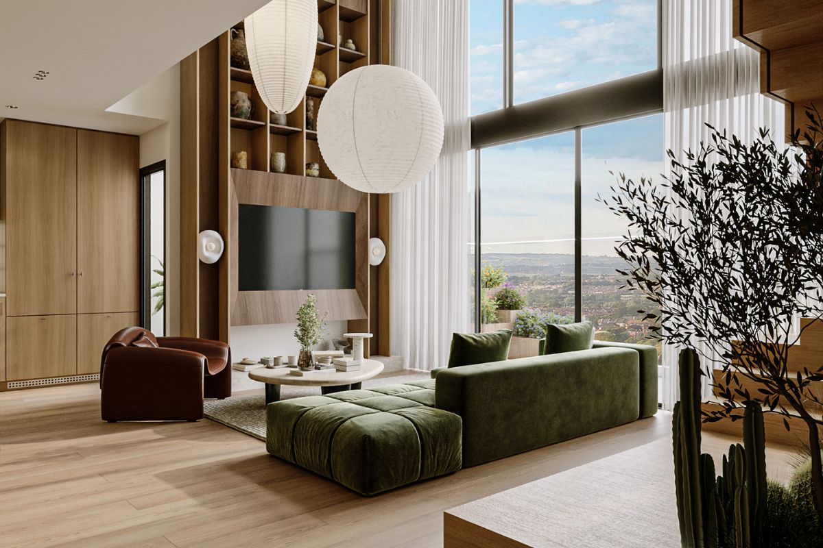 Thiết kế nội thất căn hộ Duplex The Infiniti kệ TV và đèn thả nghệ thuật LU Design