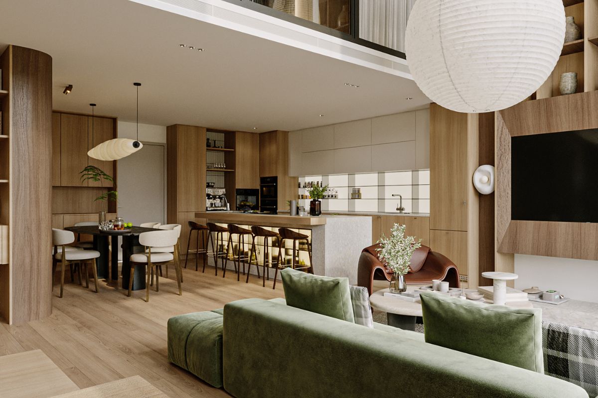Thiết kế nội thất căn hộ Duplex The Infiniti không gian bếp và bàn ăn liền mạch LU Design