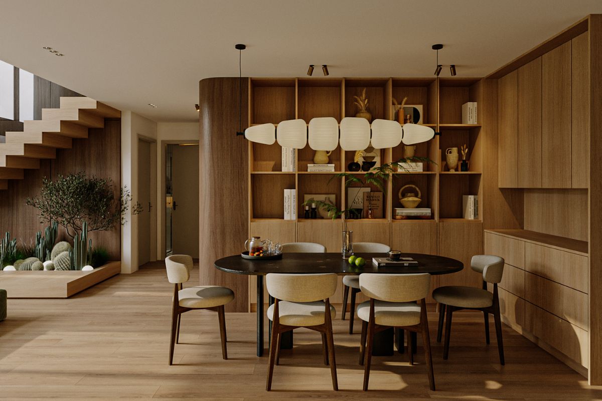 Thiết kế nội thất căn hộ Duplex The Infiniti khu vực bàn ăn và kệ gỗ trang trí LU Design