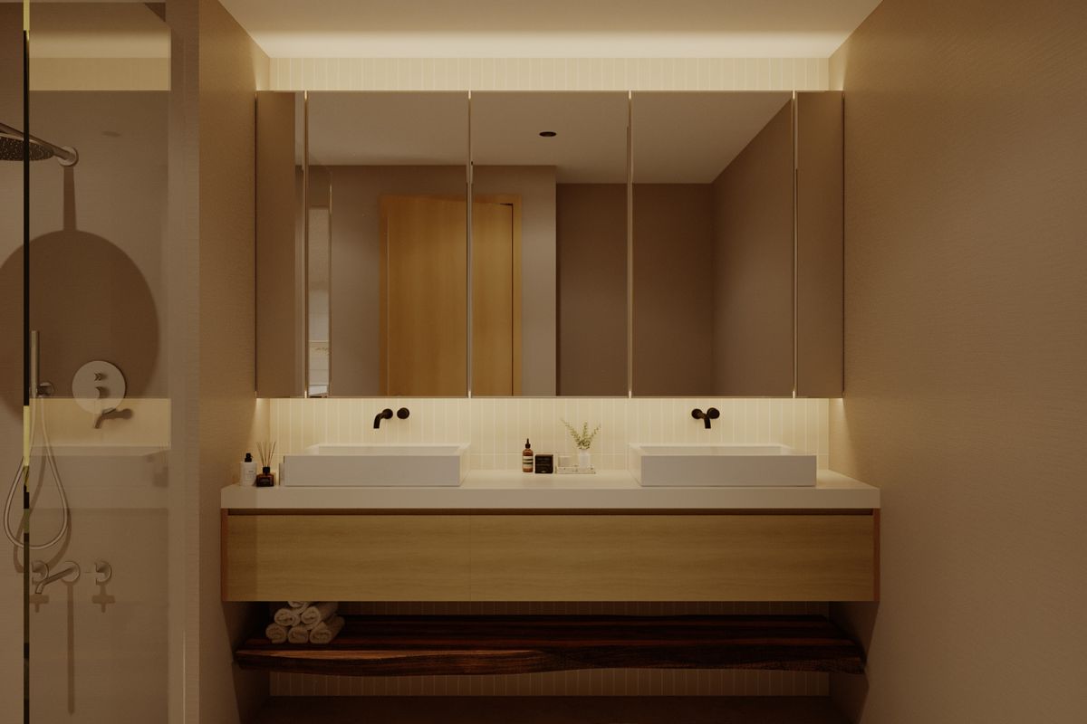 Thiết kế nội thất căn hộ Duplex The Infiniti hệ lavabo đôi và tủ gương led LU Design