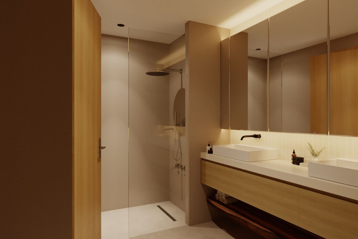 Thiết kế nội thất căn hộ Duplex The Infiniti vách kính tắm đứng và phụ kiện đen LU Design