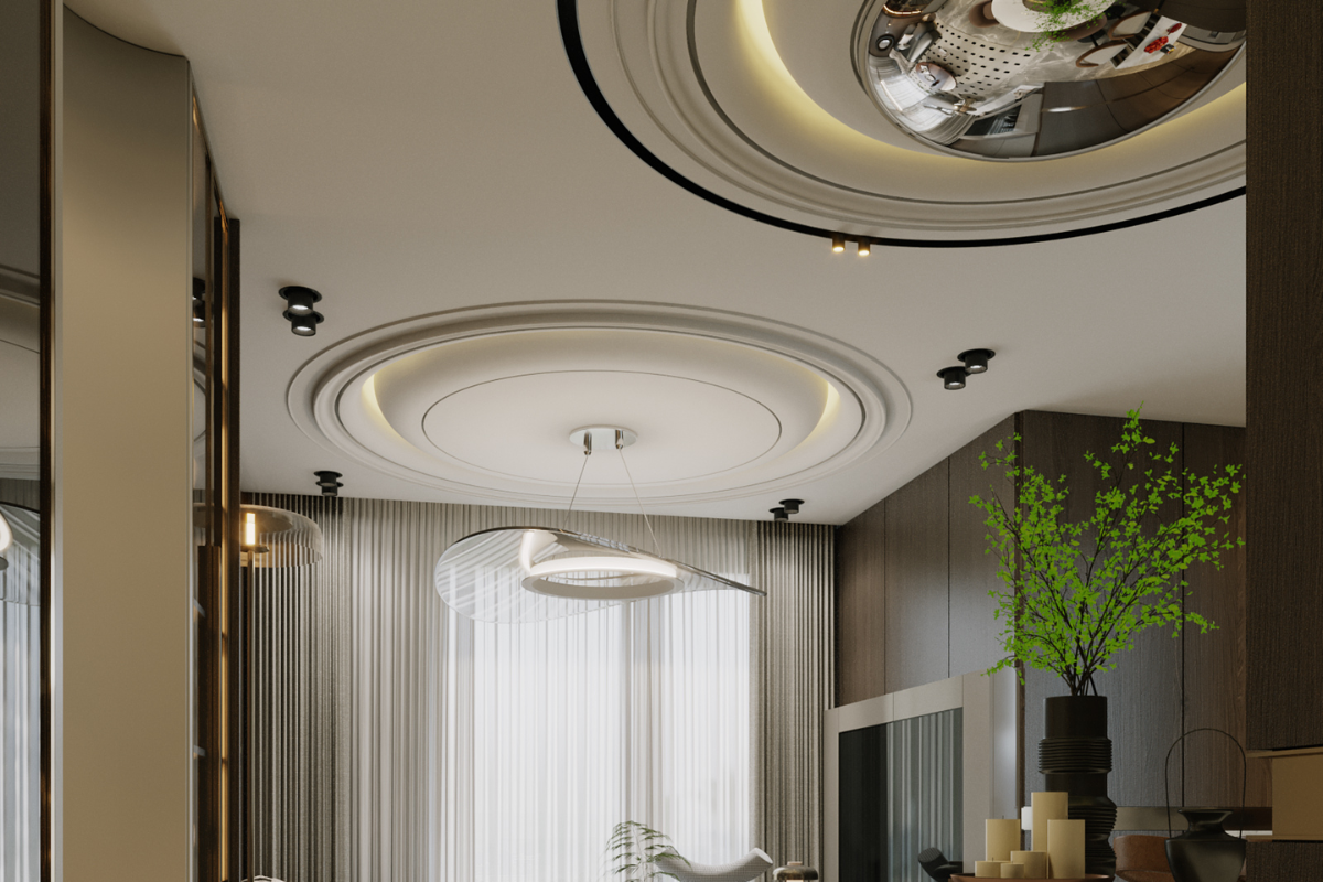 Hệ trần giật cấp hình tròn và đèn led âm trần hiện đại Căn hộ 3PN The Infiniti LU Design