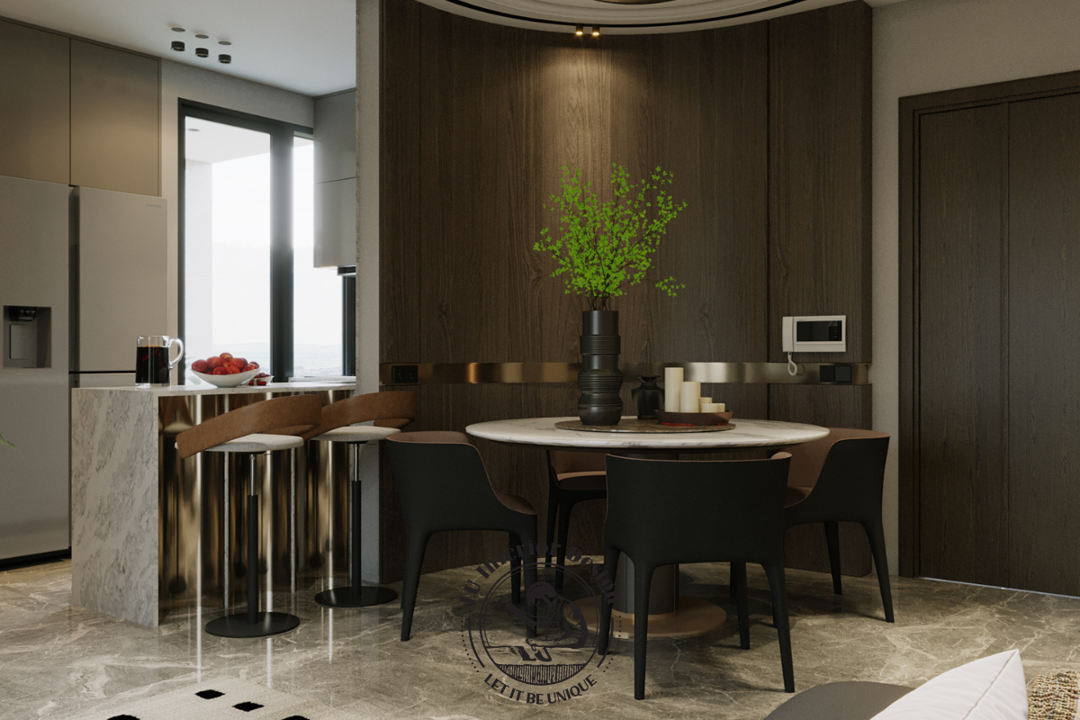 Bàn ăn tròn và quầy bar đá vân mây Căn hộ 3PN The Infiniti LU Design