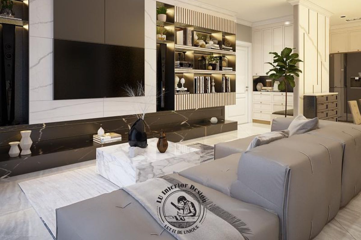 Vách đá vân mây kết hợp sofa cao cấp giúp tôn vinh trọn vẹn giá trị tầm nhìn đắt giá của căn hộ