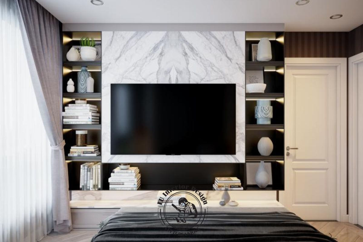 Sự kết hợp giữa đá vân mây và kệ trang trí giúp nâng tầm đẳng cấp cho diện tường tivi