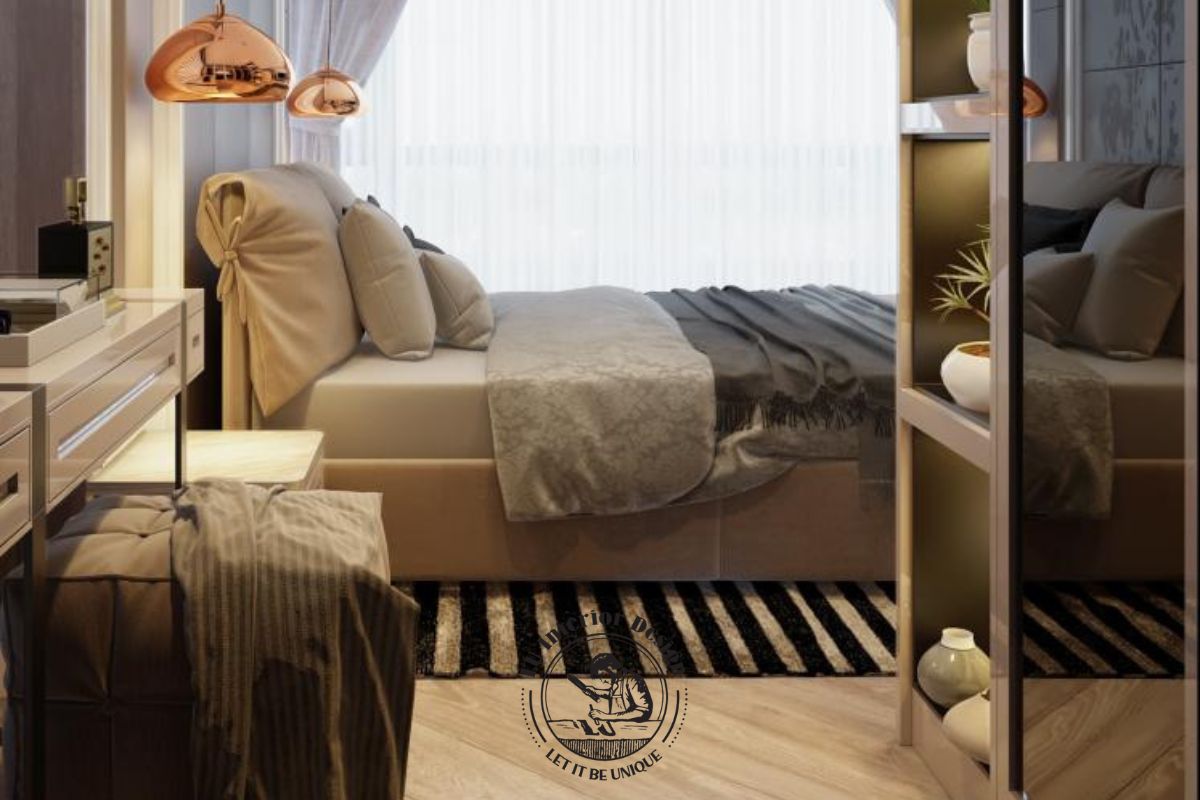 Bàn trang điểm treo tường cạnh cửa sổ giúp khơi gợi cảm hứng cho gia chủ vào mỗi buổi sáng