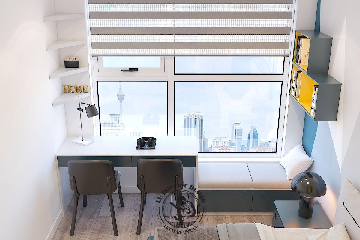 Hệ bàn làm việc tích hợp bệ ngồi window seat giúp khai thác triệt để diện tích và ánh sáng