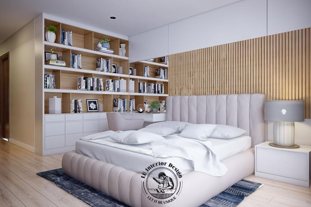 Giường ngủ bọc nệm cao cấp vách ốp nan gỗ nghệ thuật 