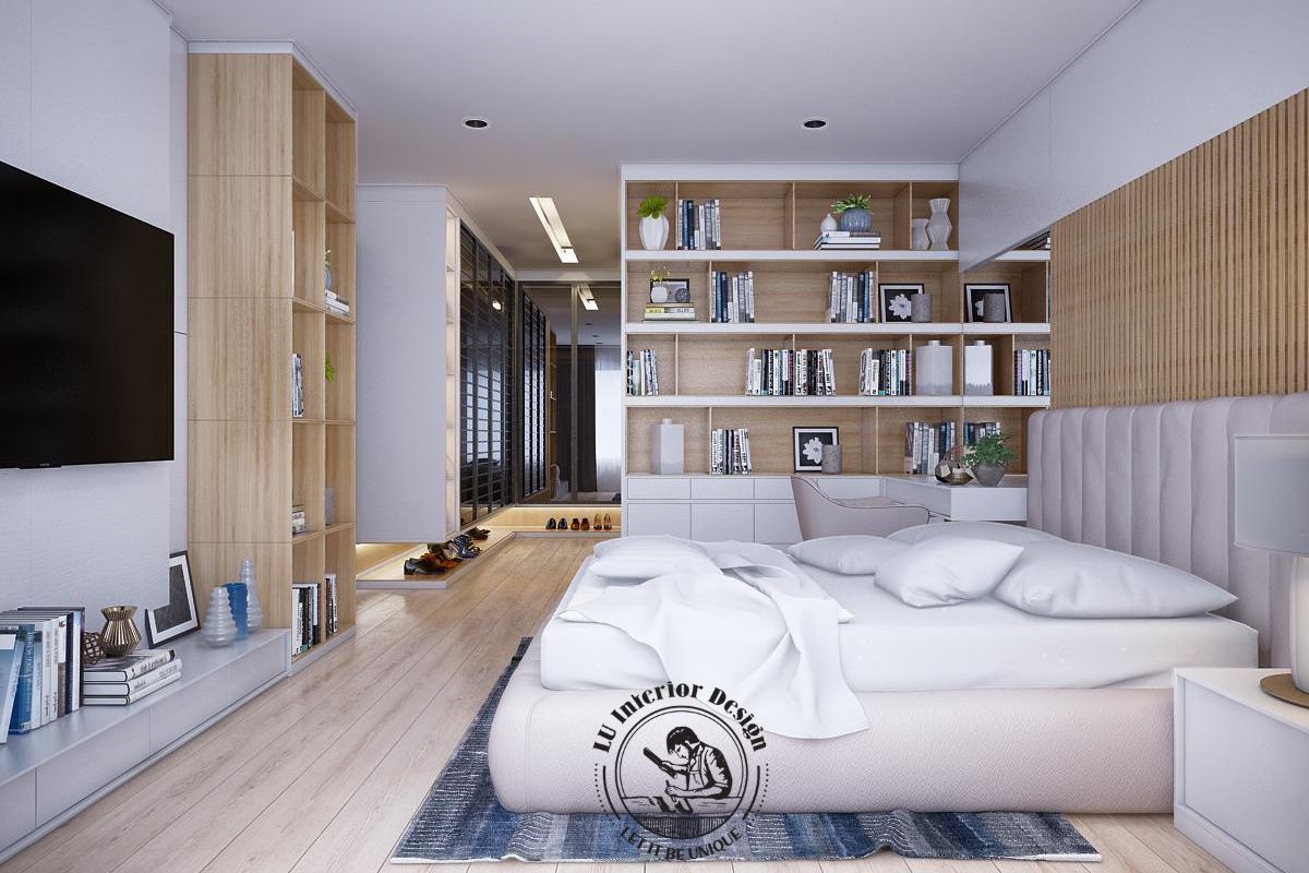 Hệ kệ sách kịch trần phòng ngủ Master căn hộ Duplex The Infiniti LU Design