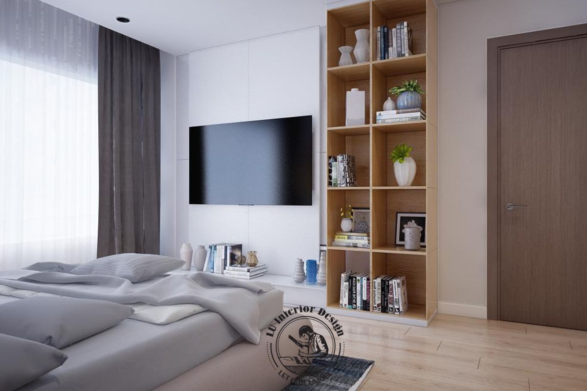 Hệ kệ TV tối giản phòng Master căn hộ Duplex The Infiniti LU Design