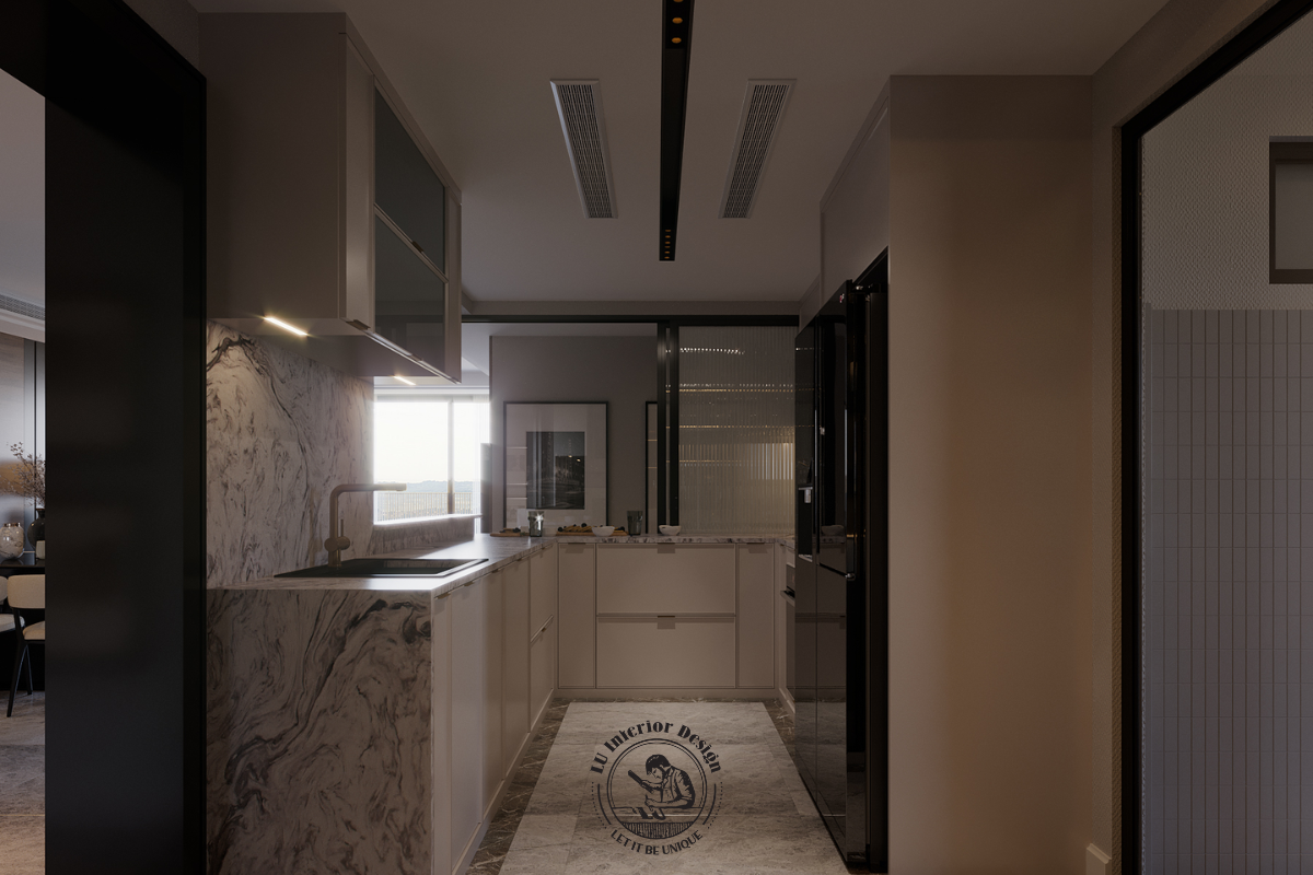 Hệ tủ bếp song song gọn gàng tại căn hộ Midtown 135m²