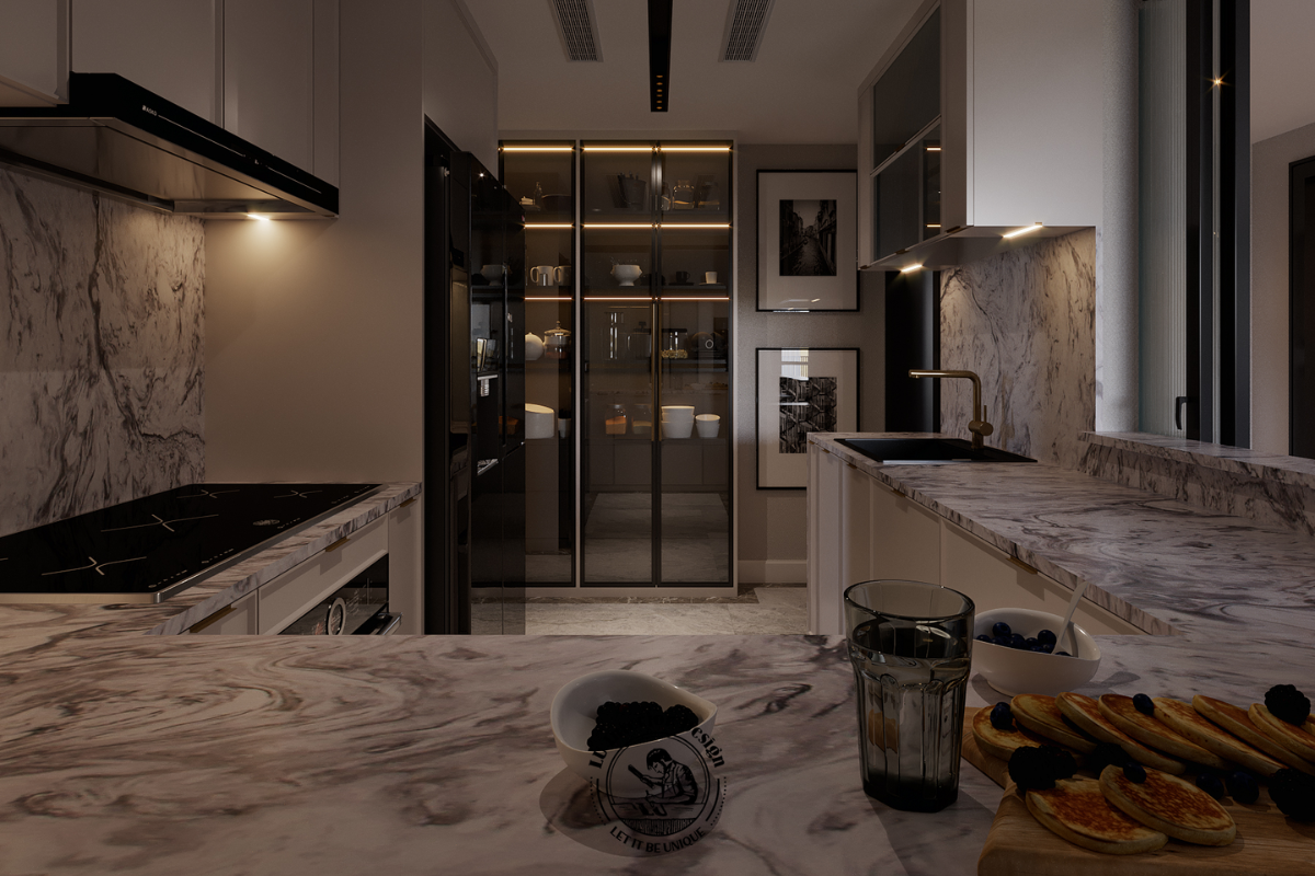 Mặt đá bếp marble sang trọng của căn hộ Midtown 3PN Modern
