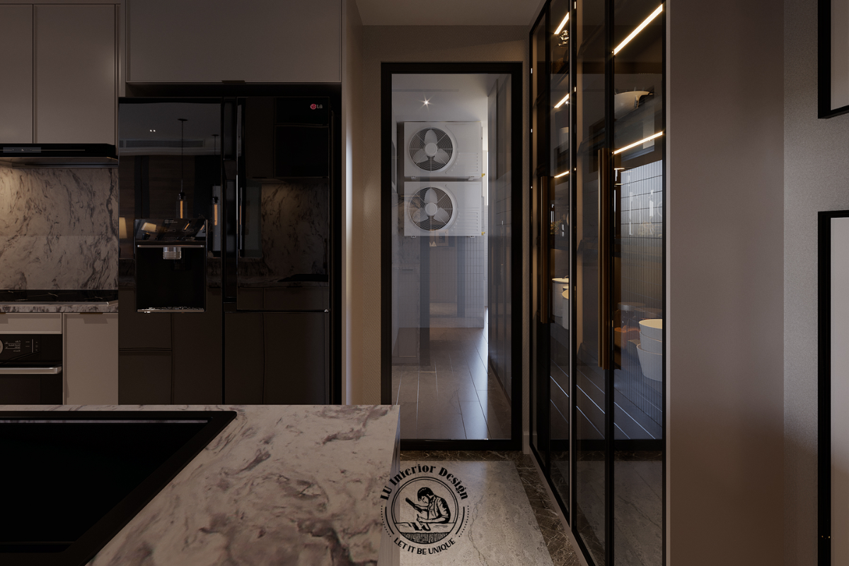 Góc tủ kính ngăn nắp kết nối ra ban công căn hộ Midtown 135m² Modern