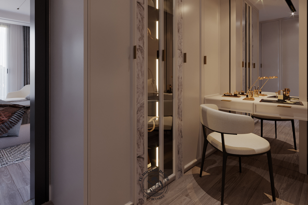Khu vực closet kết hợp bàn trang điểm nhỏ gọn trong phòng ngủ master căn hộ Midtown 135m² Modern