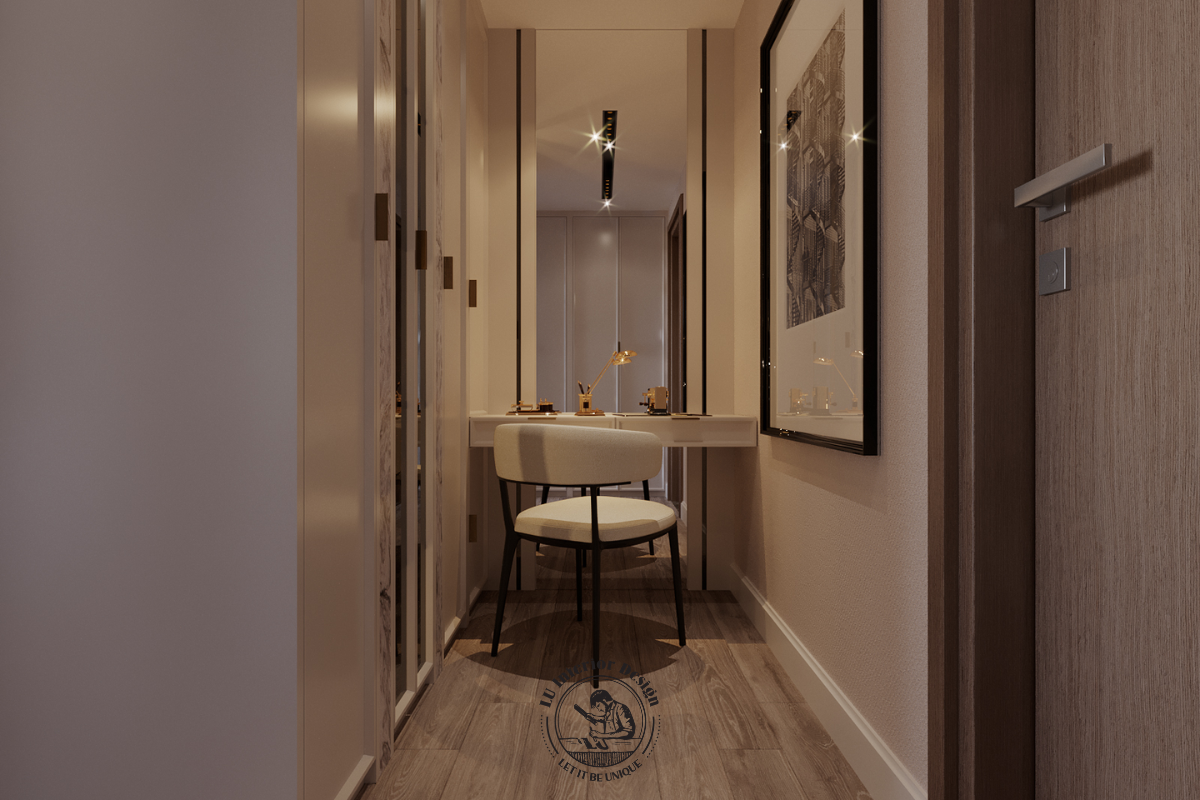 Lối đi ôm dọc theo hệ tủ closet phẳng phiu, tối ưu diện tích cho căn hộ Midtown 135m² Modern