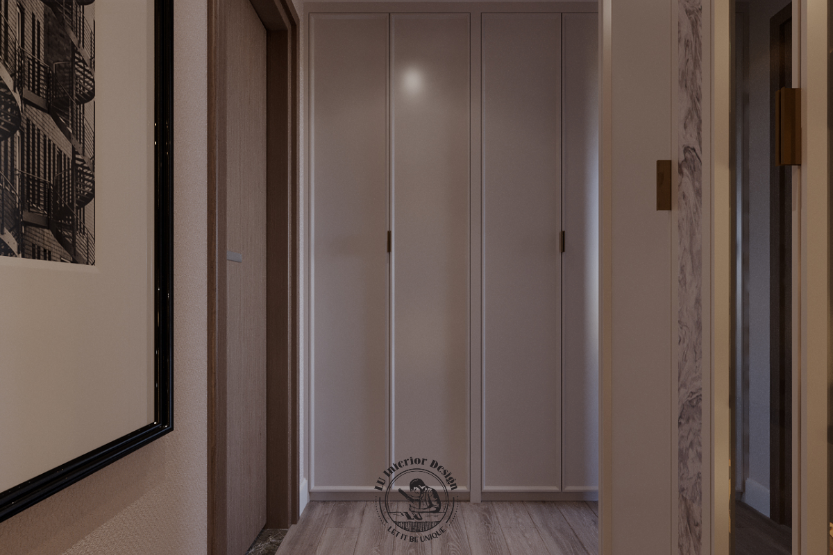 Hệ tủ quần áo âm tường kịch trần xử lý vuông vức chuẩn phong cách căn hộ Midtown 3PN Modern
