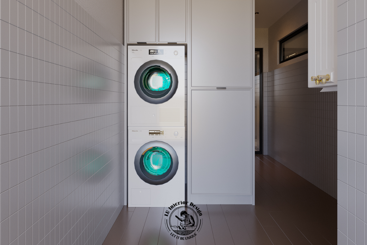 Hệ tủ giặt sấy may đo phẳng gọn tại góc laundry căn hộ Midtown 135m² Modern