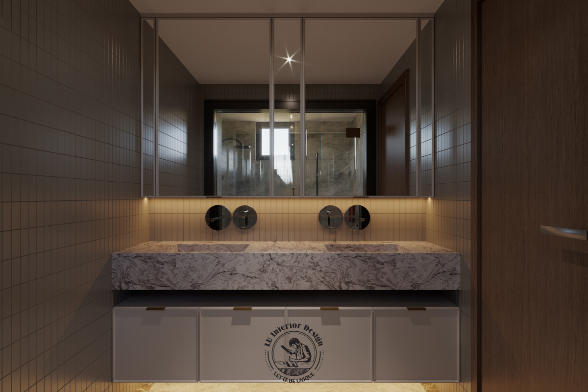 Bàn lavabo đôi ốp đá marble sang trọng kết hợp tủ gương lớn trong toilet master căn hộ Midtown 135m² Modern