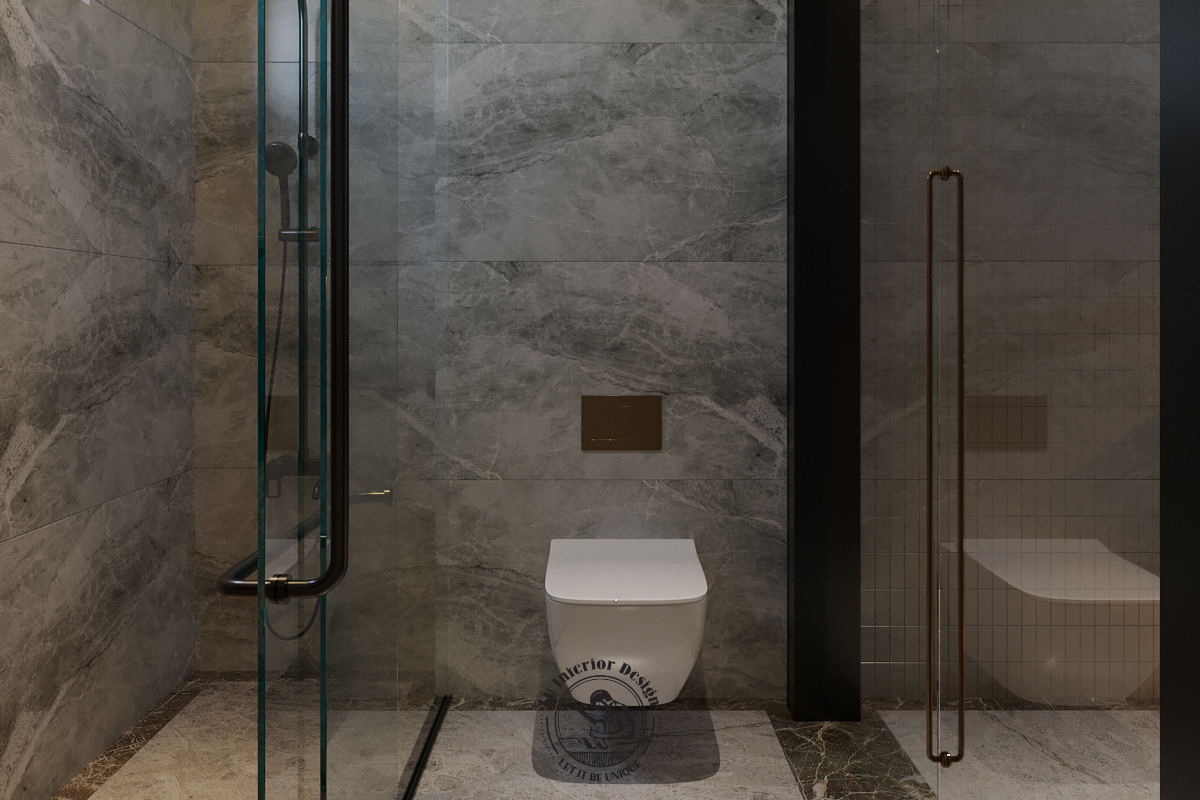 Khu vực bồn cầu treo tường tối giản trên nền vách đá xám hiện đại tại toilet master căn hộ Midtown 3PN