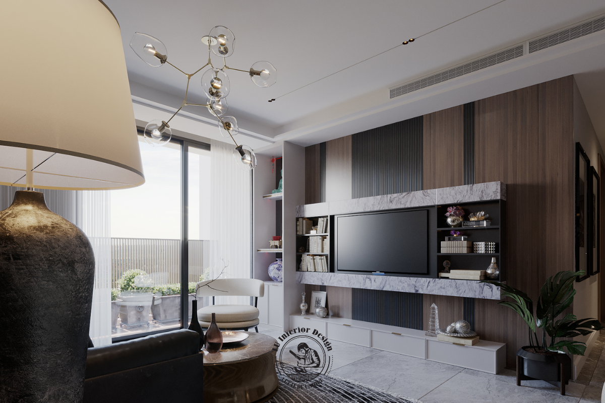 Hệ tủ tivi phối đá marble được may đo phẳng gọn cho căn hộ Midtown 3PN Modern