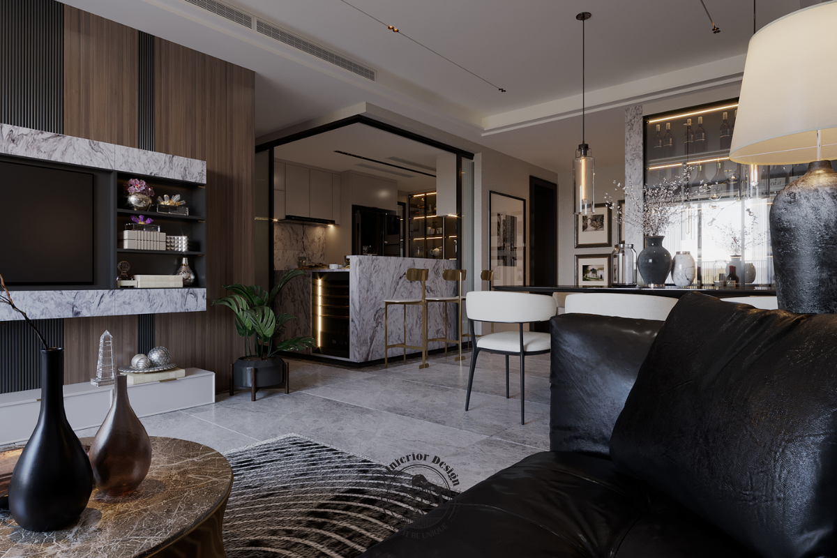 Góc nhìn liên thông từ phòng khách vào khu vực bếp ăn của căn hộ Midtown 135m²