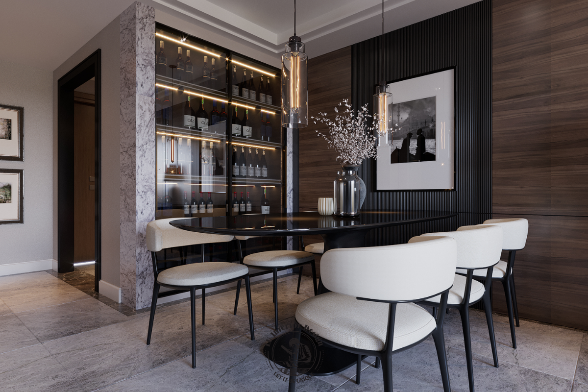 Khu vực bàn ăn căn hộ Midtown 135m² Modern sang trọng với điểm nhấn tủ rượu cánh kính