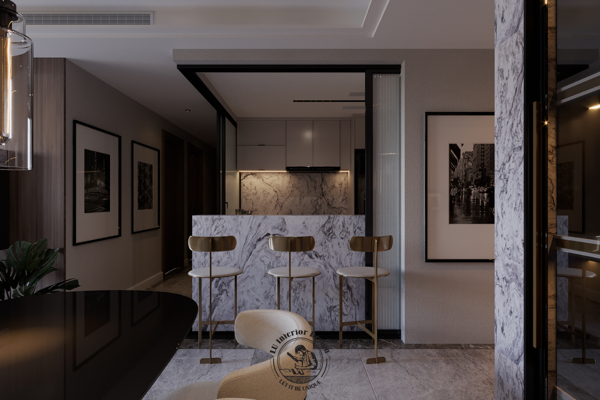 Quầy bar ốp đá tinh tế phân chia khéo léo bếp nấu trong căn hộ Midtown 3PN Modern