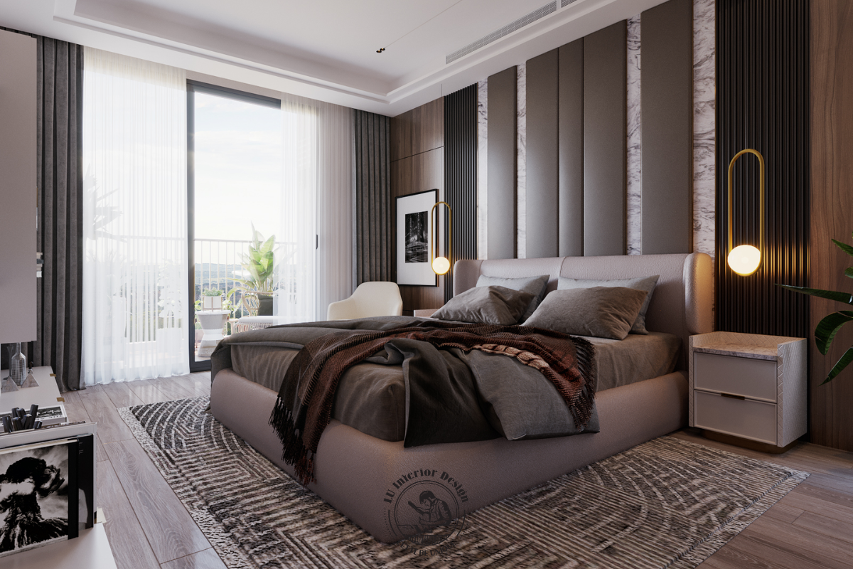 Giường ngủ master sang trọng, ấm cúng tại căn hộ Midtown 135m² Modern