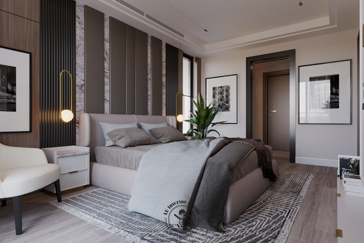 Vách đầu giường bọc nỉ phối gỗ tinh tế trong căn hộ Midtown 3PN
