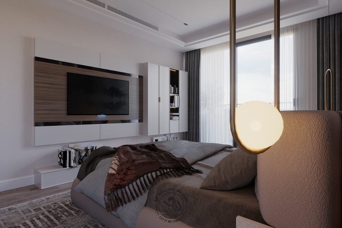 Vách tivi đối diện giường ngủ xử lý phẳng gọn cho căn hộ Midtown 135m²