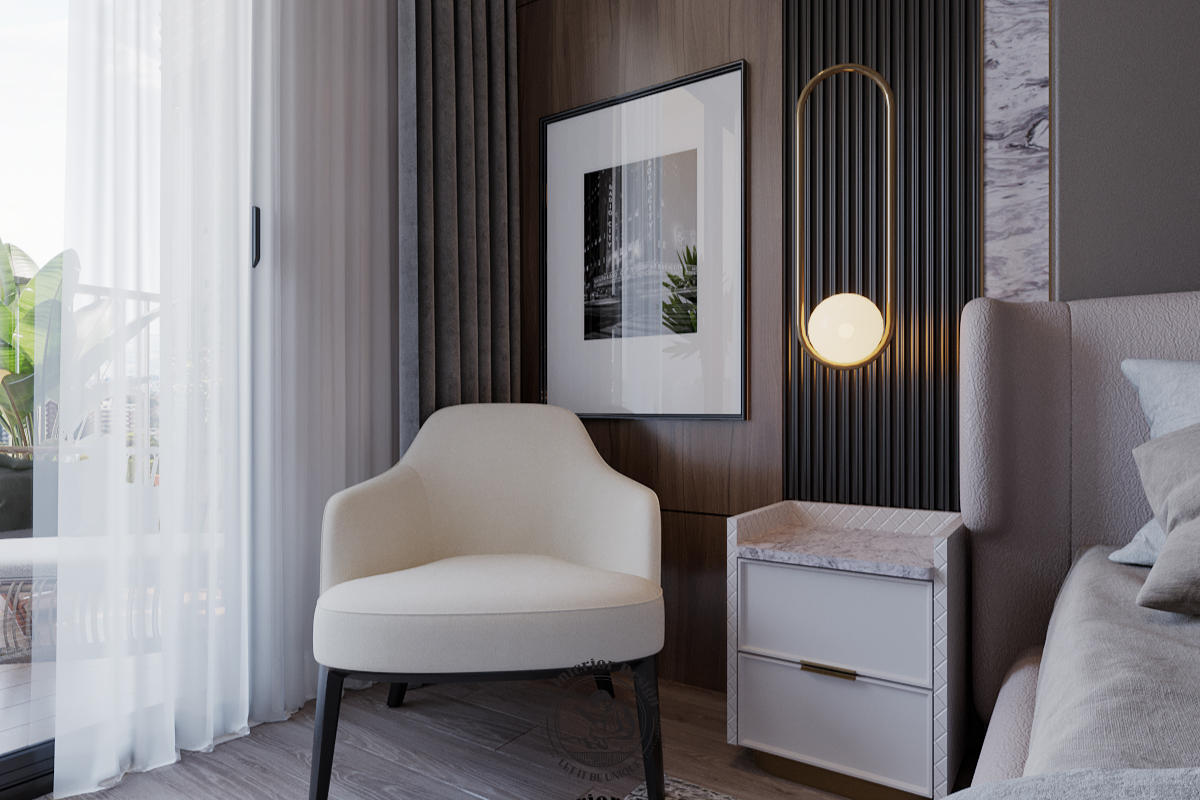 Ghế armchair đơn thư giãn bên cửa sổ phòng master căn hộ Midtown 3PN Modern
