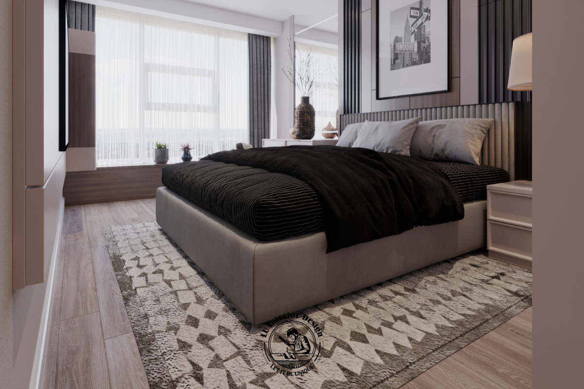 Giường ngủ master đặt cạnh cửa sổ lớn đón trọn nguồn sáng tự nhiên cho căn hộ Midtown 3PN